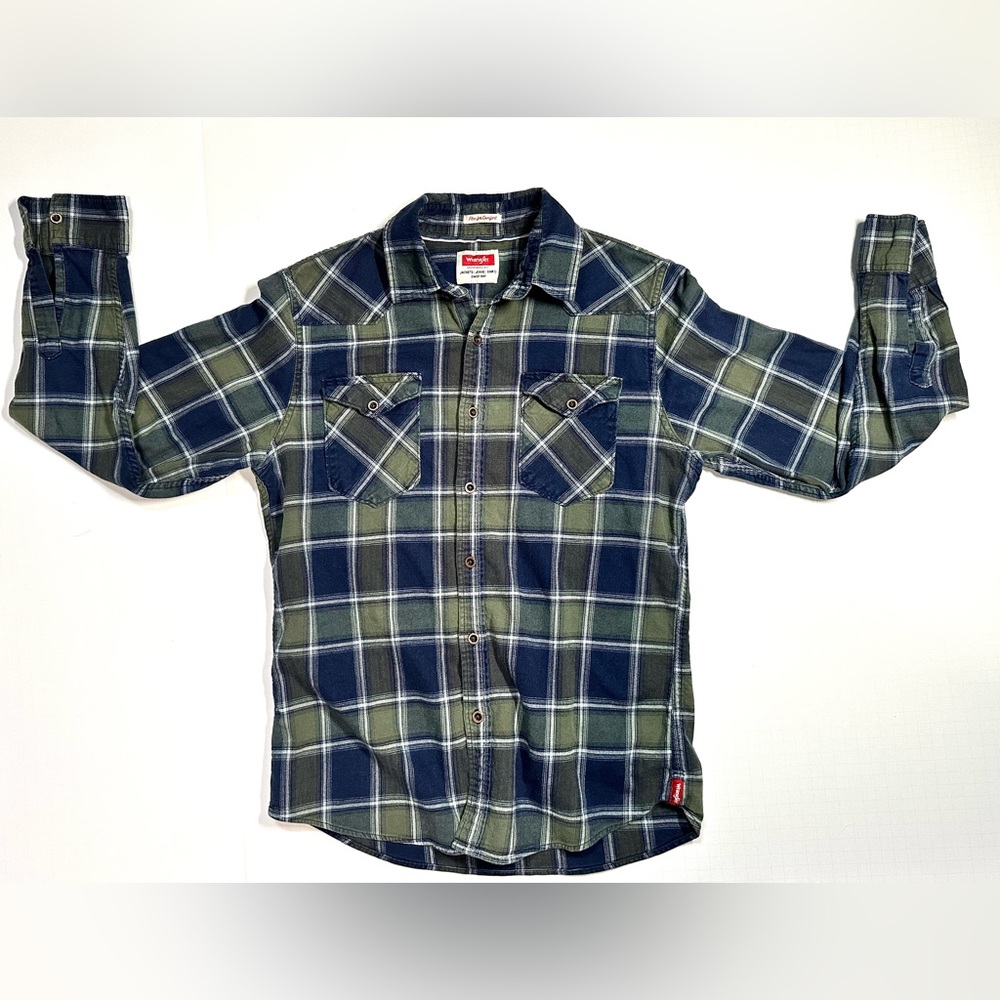WRANGLER MEN'S Medium Flex For Comfort Plaid Green/Blue Flannel Shirt